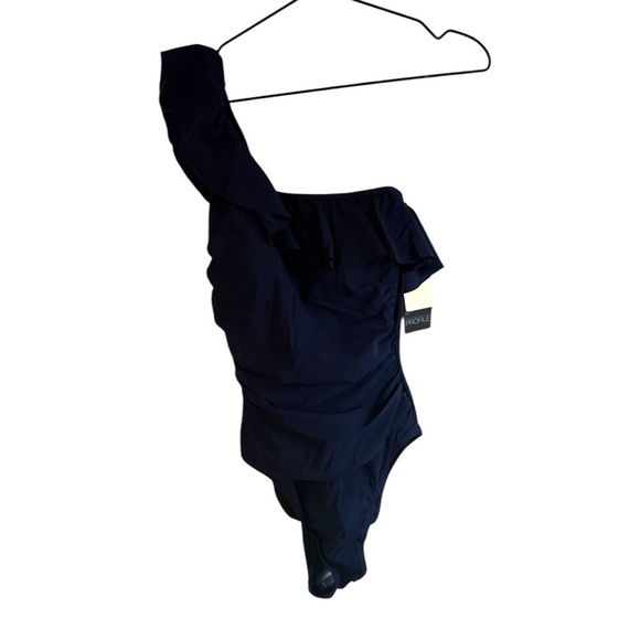 New! Profile By Gottex Tutti Frutti Ruffle One Shoulder Navy One Piece Swimsuit - Picture 4 of 8